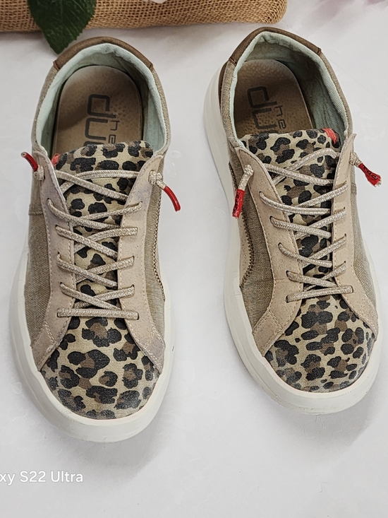 Hey Dude Beige Leopard Print Lace-Up Sneakers with Red Tabs - Picture 2 of 6